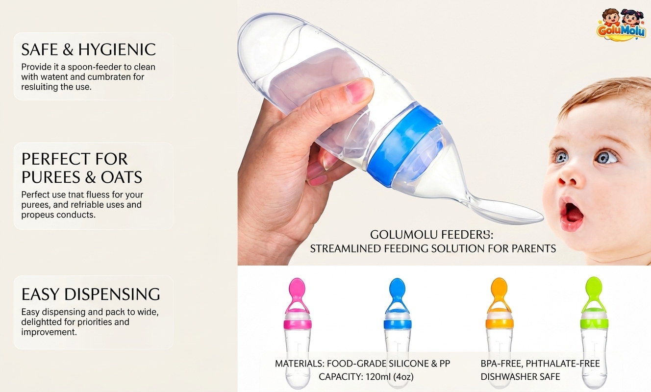 Feeding puree to an infant using GoluMolu mess free silicone baby spoon feeder bottle