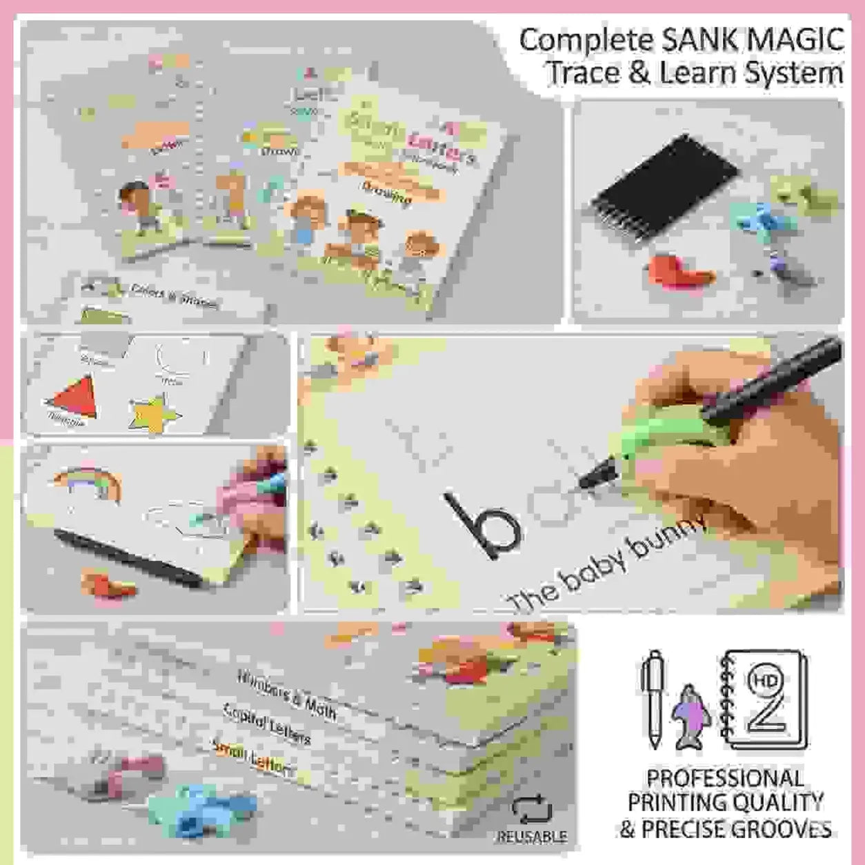 Sank Magic Practice Copybook Set for Kids - Reusable Magic Book with Disappearing Ink Magic Pen | 4-Pack Smart Educational Groove Handwriting Books with 10 Refills & Grip | Perfect Early Learning Notebook Gift for Toddlers & Preschoolers - GoluMolu