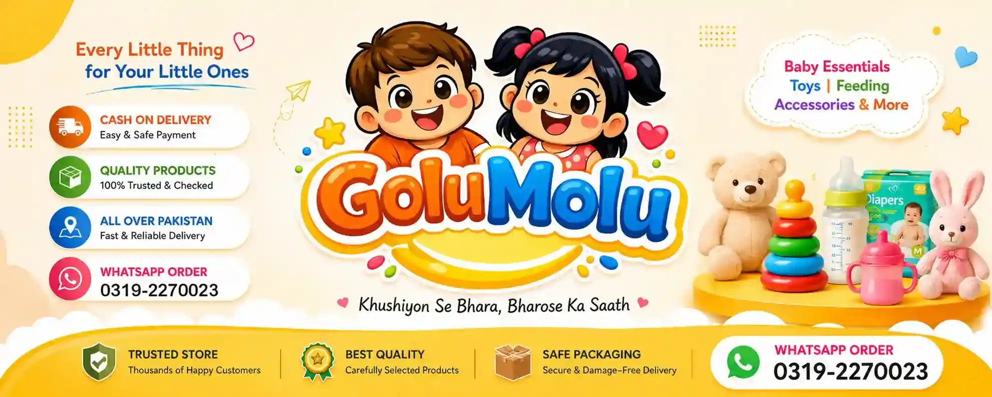 GoluMolu kids store online banner featuring baby essentials toys and feeding accessories in Pakistan