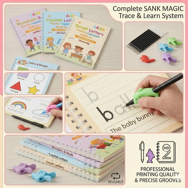 Sank Magic Practice Copybook Set | 4 Reusable Books + Magic Pen