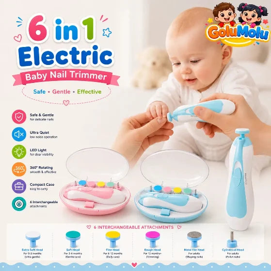 GoluMolu electric baby nail trimmer being used on infant fingers