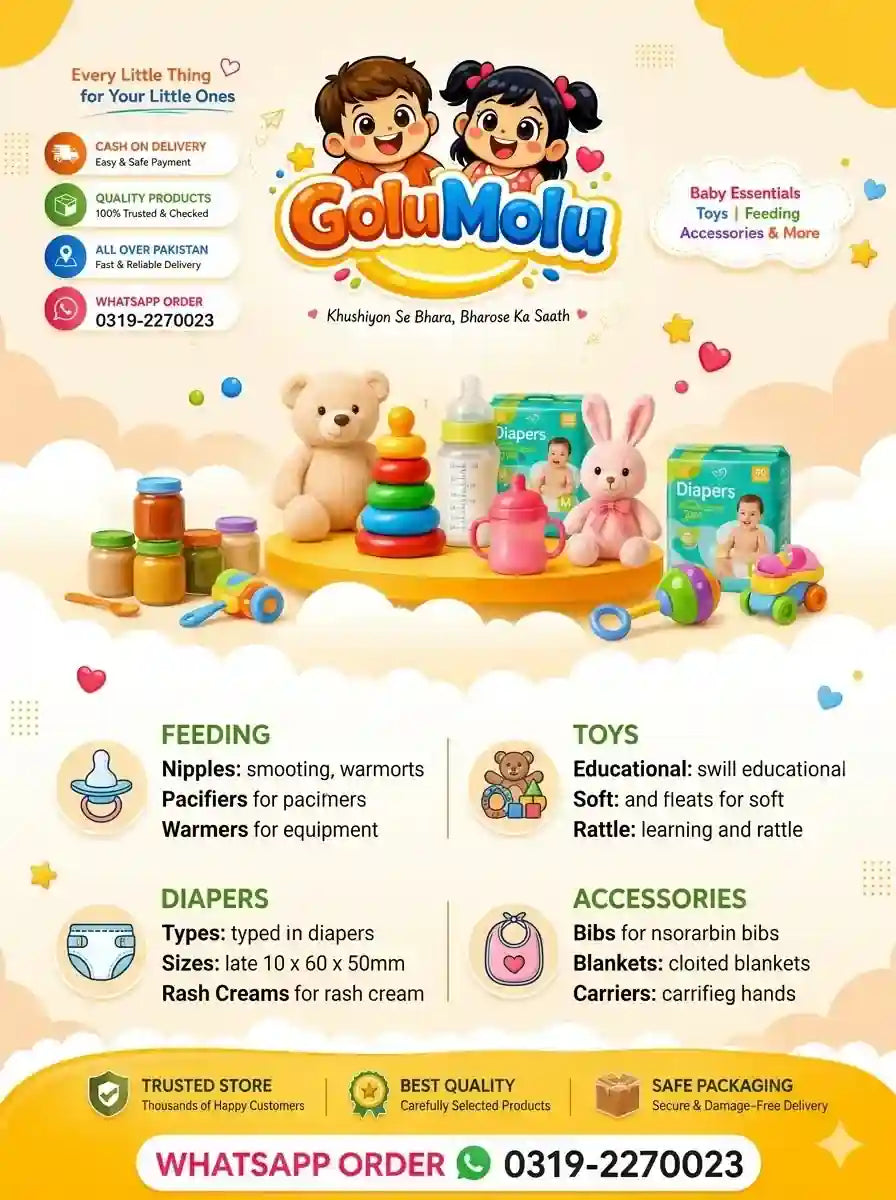 GoluMolu kids store online banner featuring baby essentials toys and feeding accessories in Pakistan