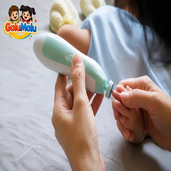 GoluMolu electric baby nail trimmer being used on infant fingers