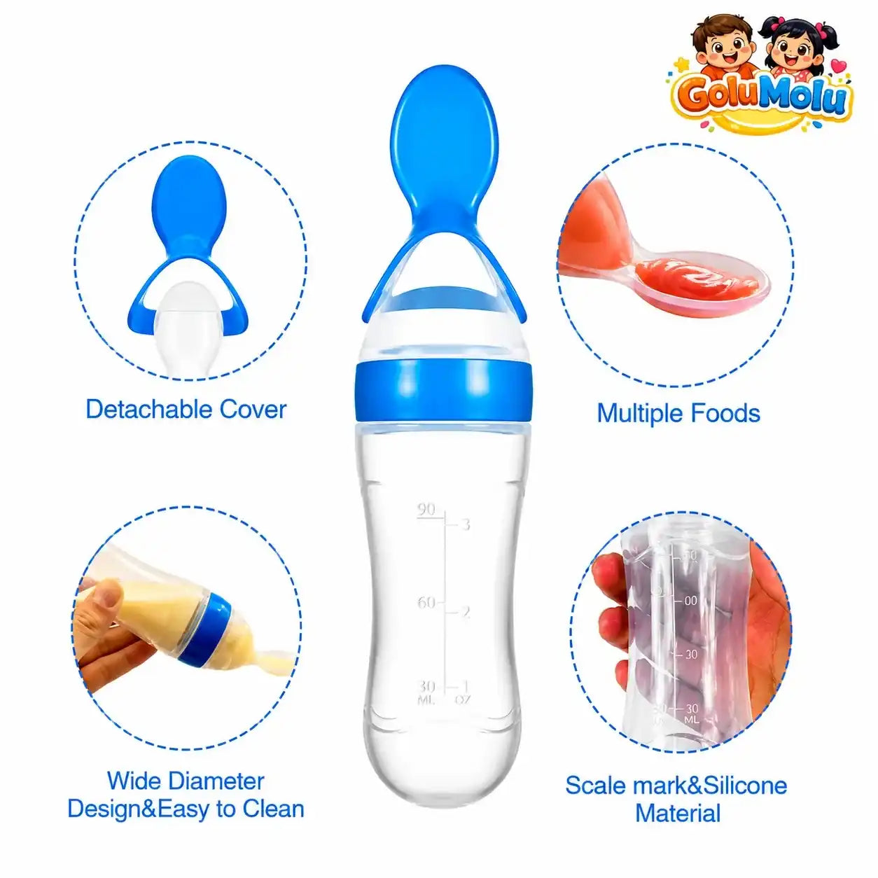 GoluMolu silicone baby feeding squeeze bottle with spoon feeder